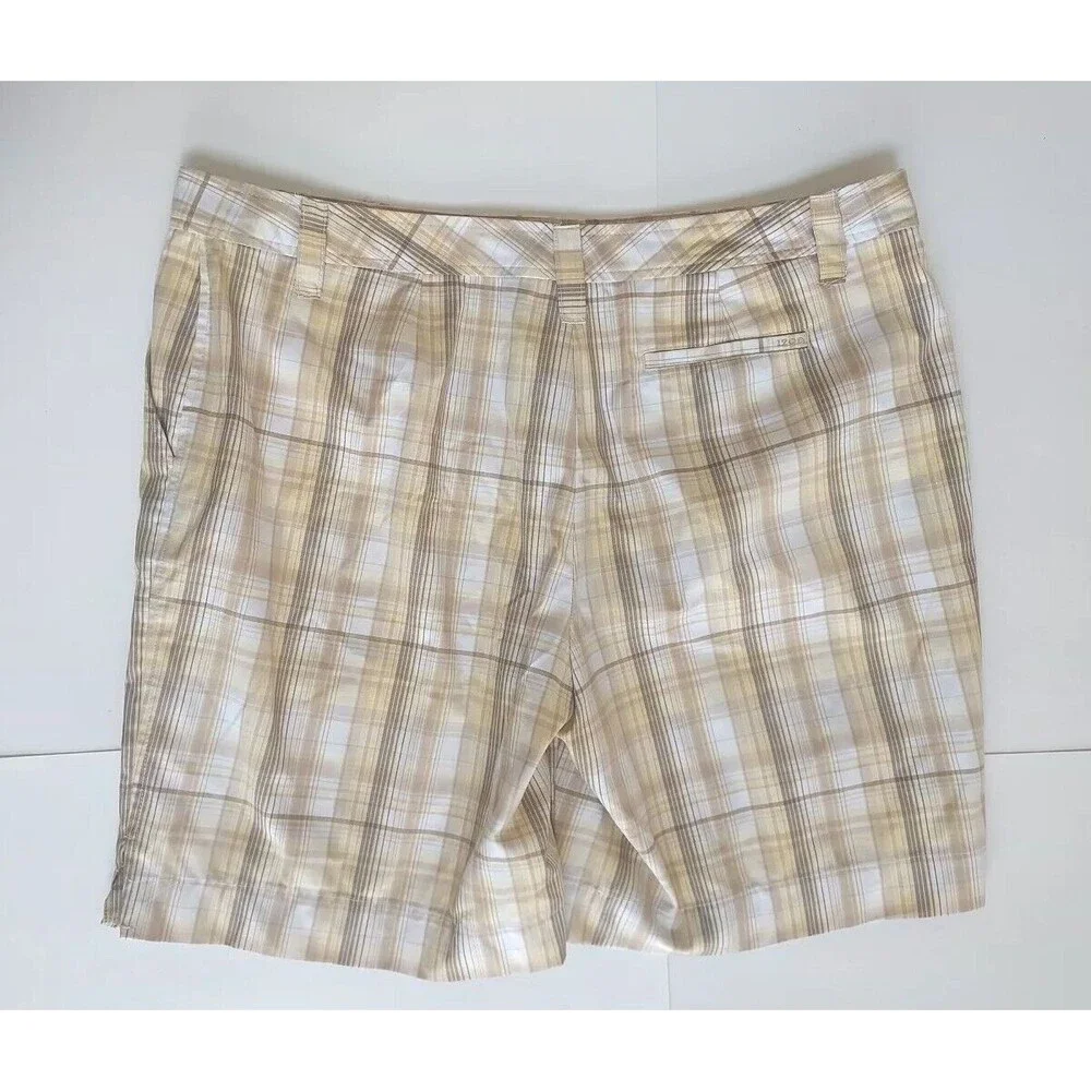 Ladies Izod Golf Cool FX Tan Yellow & White Plaid Shorts 9